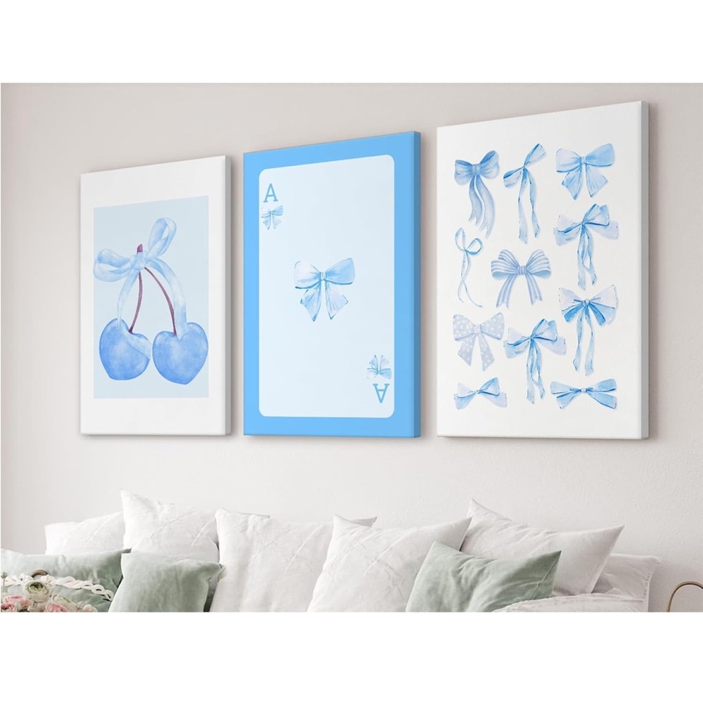 NWT Blue Heart and Bow Canvas Wall Art Set Of 3 - Picture 2 of 4